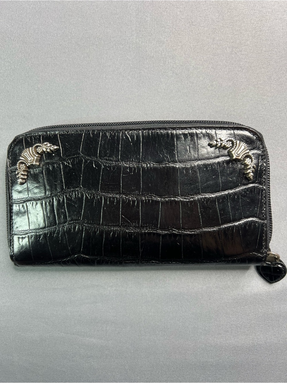Brighton Black Croc-Embossed Leather Zip Around Wallet Silver Hardware